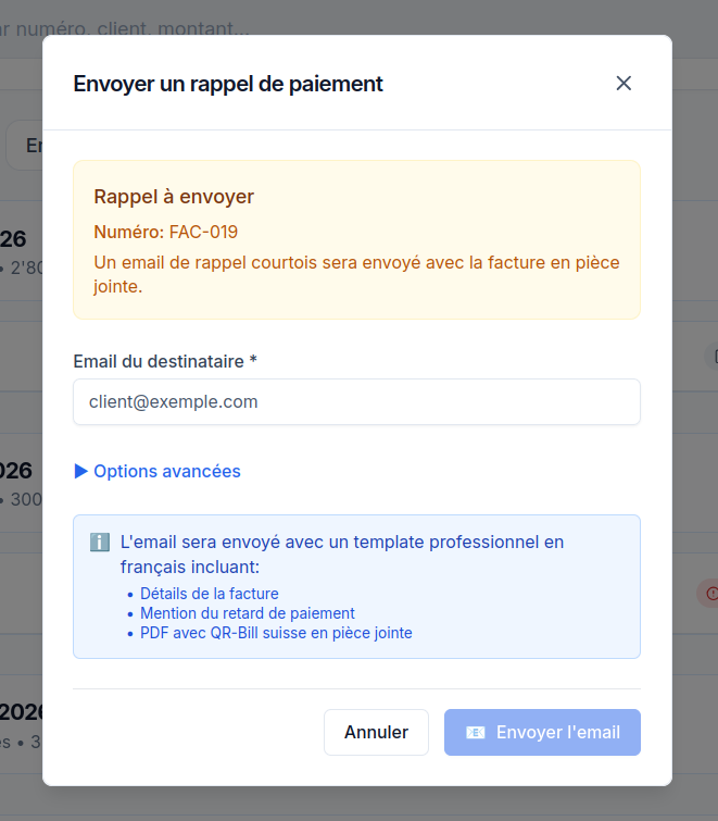 Interface d'envoi de rappel de paiement SimpliFaq