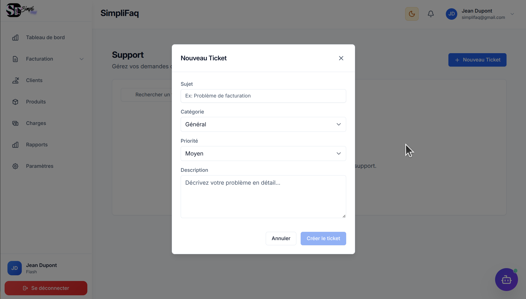 Formulaire de ticket